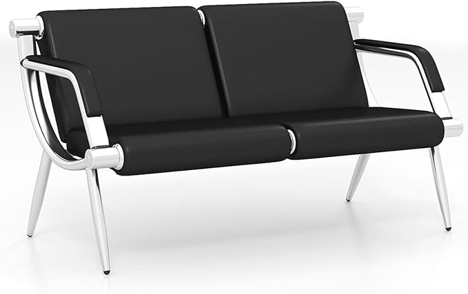Kinquat Waiting Room Bench with Armrest - Lobby Reception Chairs, PU Leather Office Guest Seating Furniture for Salon Airport Hospital Bank, Black