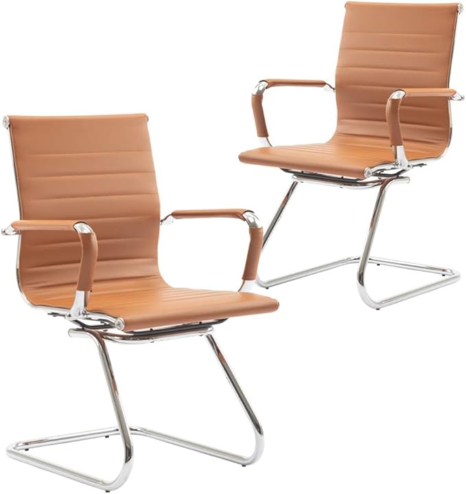 DM Furniture No Wheels Reception Chairs Leather Conference Chairs Back Support Heavy Duty Office Guest Chair, Set of 2 (Terracotta)