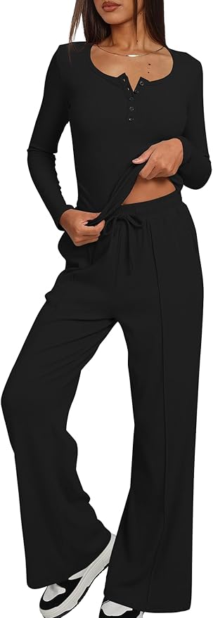 Darong Womens 2 Piece Matching Lounge Sets 2026 Long Sleeve Henley Shirts Wide Leg Pants Airport Travel Outfits