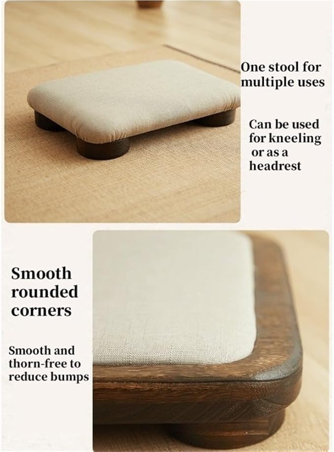 Japanese Tatami Low Stool, Solid-Wood Floor Chair with Cushioned Linen, Bedside Bench or Low Table Seating, Footrest for Meditation(48 * 35 * 8cm)