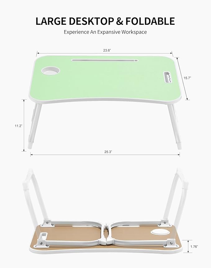 ZEAPTAC Laptop Bed Desk, Foldable Lap Desk, Portable Lap Table, Laptop Stand with Cup Holder & Tablet Slot & Lifting Handle for Working Writing Drawing & Eating - Green