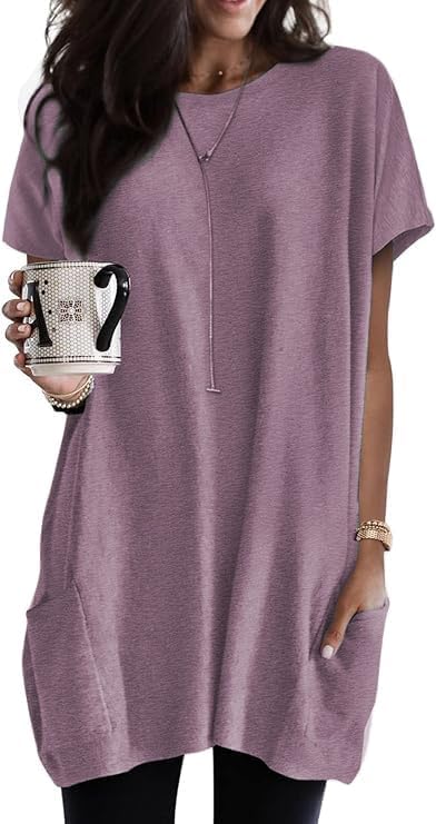 Poetsky Summer Womens Tunic Tops for Leggings with Pockets Short Sleeve Casual Long T Shirts S-3XL