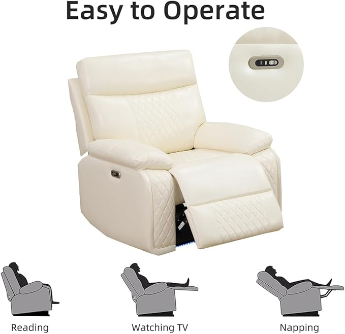 Toseslo 3 Piece Living Room Sets Furniture, Power Recliner Sofa Set with LED Light, Sanded Leather Reclining Sofa Sectional Couches with Cup Holders/Storage Console for House(Vanilla White)