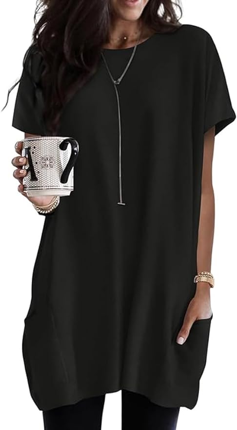Poetsky Summer Womens Tunic Tops for Leggings with Pockets Short Sleeve Casual Long T Shirts S-3XL