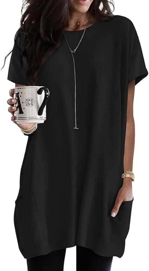 Poetsky Summer Womens Tunic Tops for Leggings with Pockets Short Sleeve Casual Long T Shirts S-3XL