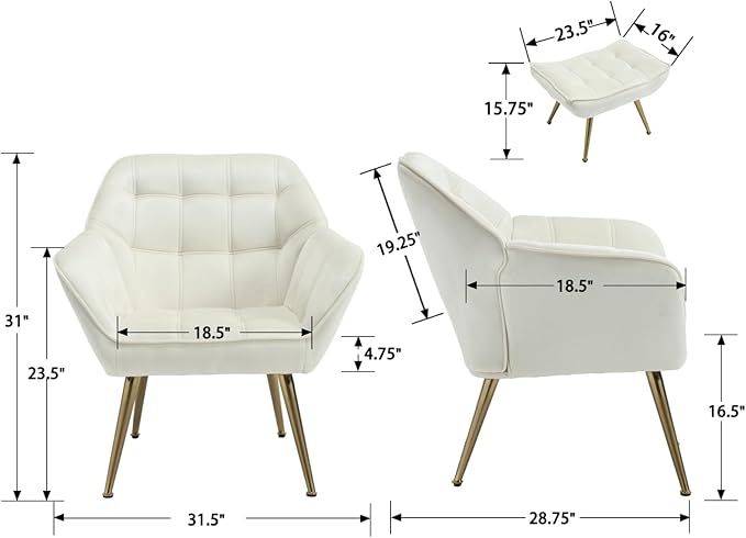 QUINJAY Modern Velvet Accent Chair with Ottoman Set of 2, Upholstered Lounge Chair with Footrest, Comfy Living Room Chair with Gold Legs Accent Side Chair Armchair for Small Space Bedroom, Beige