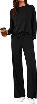 PRETTYGARDEN Womens 2 Pieces Lounge Sets Crewneck Long Sleeve Wide Leg Drawstring Pants Tracksuits Loose Fit Outfits Set
