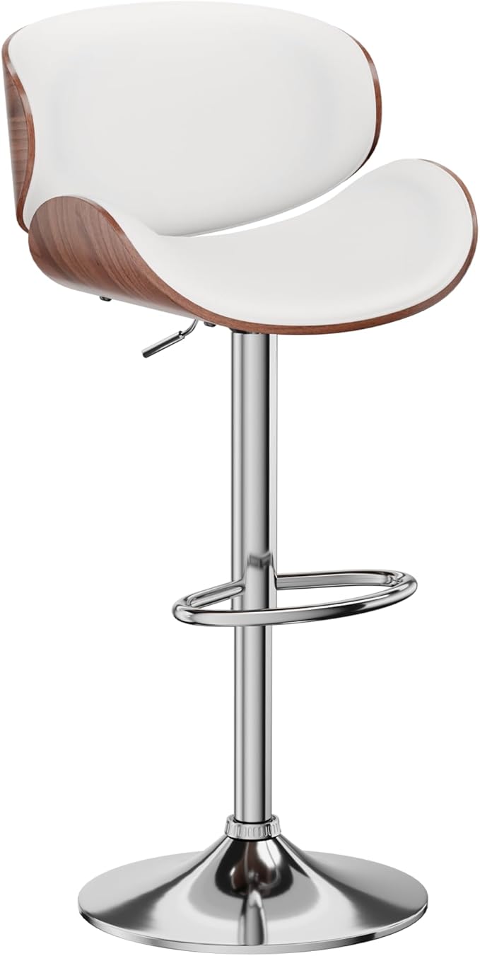 Aowos Bar Stools, Adjustable Swivel Leather Bar Stools for Kitchen Island, Mid Century Modern Counter Height Bar Chairs Barstools with Back & Footrest (White 1PCS)