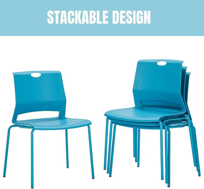 Stackable Chairs Set of 4, Office Waiting Room Chair Plastic Seat, Blue Stacking Chairs with Sturdy Metal Legs, Guest Chair for Conference Rooms, Churches, Living Rooms, Classrooms(Blue).