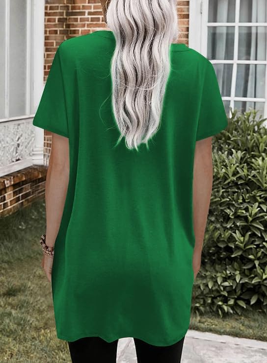 Poetsky Summer Womens Tunic Tops for Leggings with Pockets Short Sleeve Casual Long T Shirts S-3XL