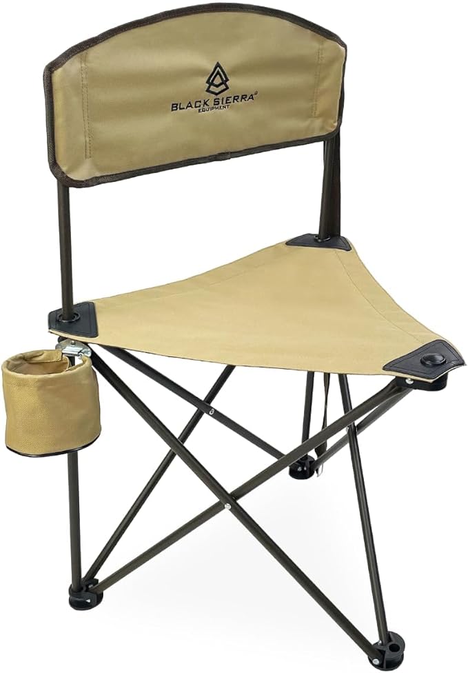 Black Sierra Tri-Lite Stool with Back Lightweight, Folding Chair, for Camping, Hunting, and Fishing, Steel Frame Supports 225 LBS (TAN 2)