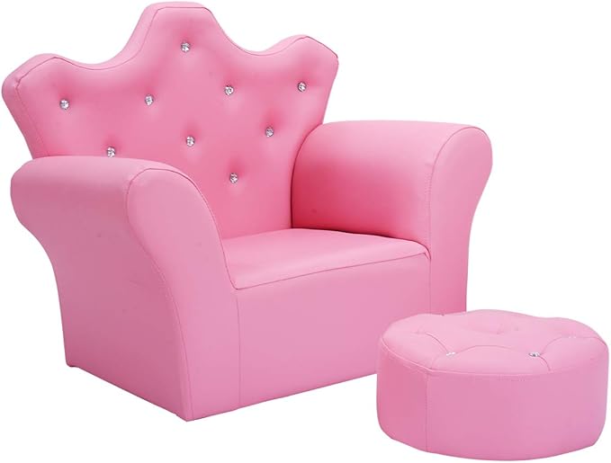 HONEY JOY Kids Sofa, Children Princess Upholstered Couch Armrest Chair with Ottoman, PVC Leather & Embedded Crystal, Toddler Bedroom Furniture for Baby Girl (Pink)