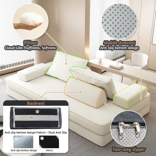 87" Foldable Floor Couch, 3-Seat Convertible Sleeper Sofa with Removable Backrests and 2 Soft Pillows, Chenille Fabric, for Living Room, Bedroom, Apartment, No Assembly Required, Beige