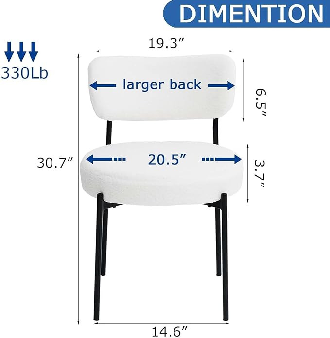 Stabrech White Boucle Dining Chairs Set of 2, Upholstered Dinner Chair with Metal Frame, Dining Room Chairs with Padded Seat, Round Modern Seating for Living Room