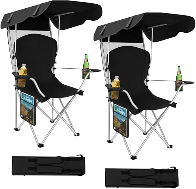 CozyBox Portable Folding Camping Chairs with Canopy Shade, Beach Chair for Adults, Durable Weather Resistant 600D Oxford Cloth, Camping Chair with Canopy for Outdoors [Black-2 Pack]