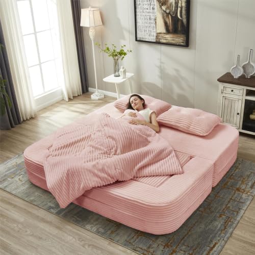 80" Foldable Floor Couch, 3-Seat Convertible Sleeper Sofa with Chaise Lounge, Blanket and 3 Soft Pillows, Corduroy Fabric, for Living Room, Bedroom, Apartment, No Assembly Required, Pink