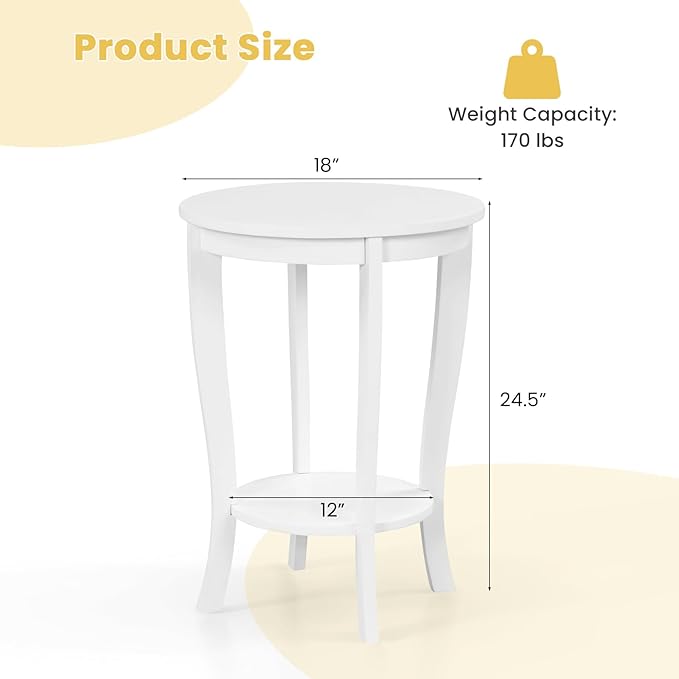 GOFLAME 2-Tier Round End Table Set of 2, 18” Sofa Side Table with Storage Shelf, Floor Tea Table with Solid Wood Legs, Compact Nightstand for Small Space, Living Room, Bedroom, White