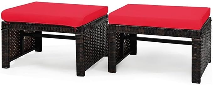 Pemberly Row Patio Rattan Ottomans/Footrests in Red Cushioned Seat (Set of 2)