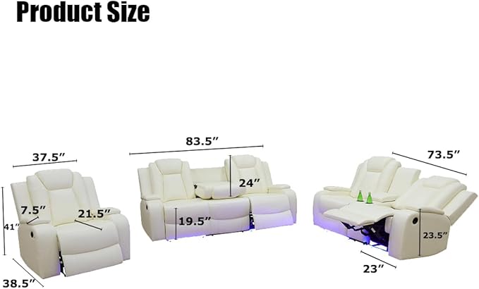 Toseslo Power Recliner Sofa Set, Leather 3 Pieces Sectional Couch, Living Room Furniture Sets with LED Light, Modern Power Reclining Sofa Sets with Storage Console for Living Room(Creamy White)