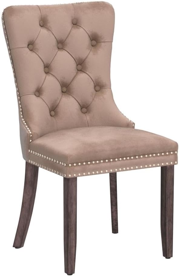 Kiztir Velvet Dining Chairs Set of 6, Upholstered Dining Room Chairs with Ring Pull Trim and Button Back, Luxury Tufted Dining Chairs for Living Room, Bedroom, Kitchen (Khaki)