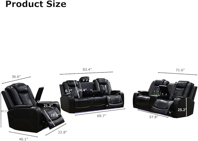 Toseslo Leather Reclining Sofa Set, Power Recliner Sofa Sectional Couches with Drop-Down Table, Living Room Furniture, Reclining Sofa with Cup Holders/Storage Console for House(Black)