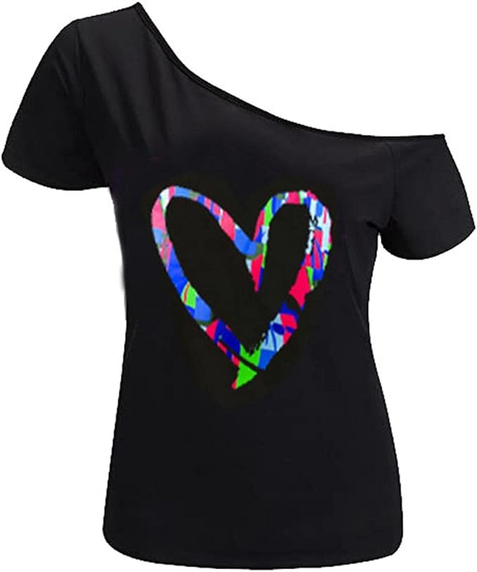 MAGICMK Women’s Short Lips Print Causal Off The Shoulder Plus Size T-Shirt Tops