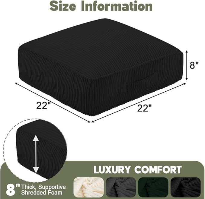 PRIMEPATIO Floor Pillow for Adults Set of 2, 8" Square Floor Cushions with Washable Cover, Large Corduroy Meditation Pillow, 22 inches Tatami Seat with Handle for Living Room or Yoga, Black