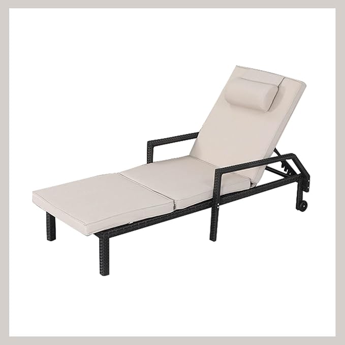 Patio Chaise Lounge – Adjustable Outdoor Lounge Chairs with Cushions & Headrest – All-Weather Rattan Reclining Lounge Chairs for Poolside, Garden, and Patio (1 Pc, Beige)