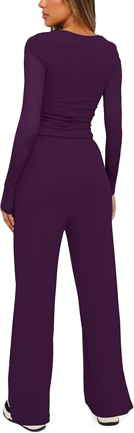 Darong Women's 2 Piece Outfits Lounge Sets 2026 Long Sleeve Tops Wide Leg Pants Casual Matching Set