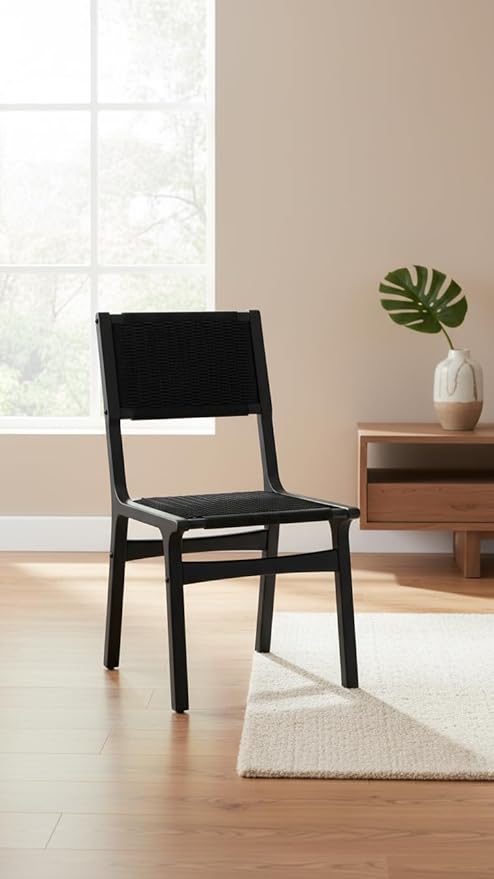 Modern Woven Dining Chair, Black Wood Frame, Armless Accent Chair with Comfortable Seat & Back, No Assembly Required, for Dining Room, Kitchen, Breakfast Nook, 20 x 18 x 35 Inches