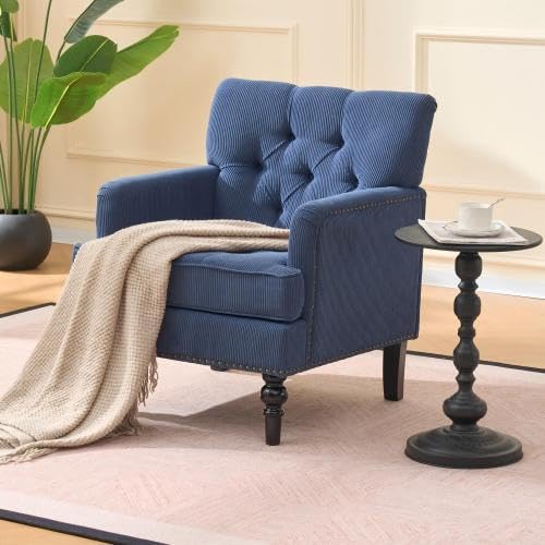Tufted Club Chair, Accent Chair with Lumbar Pillow, Upholstered Button Armchair, Linen Fabric Sofa Chairs for Bedroom, Living Room, Mid Century Modern with Studded Reading Chair Blue