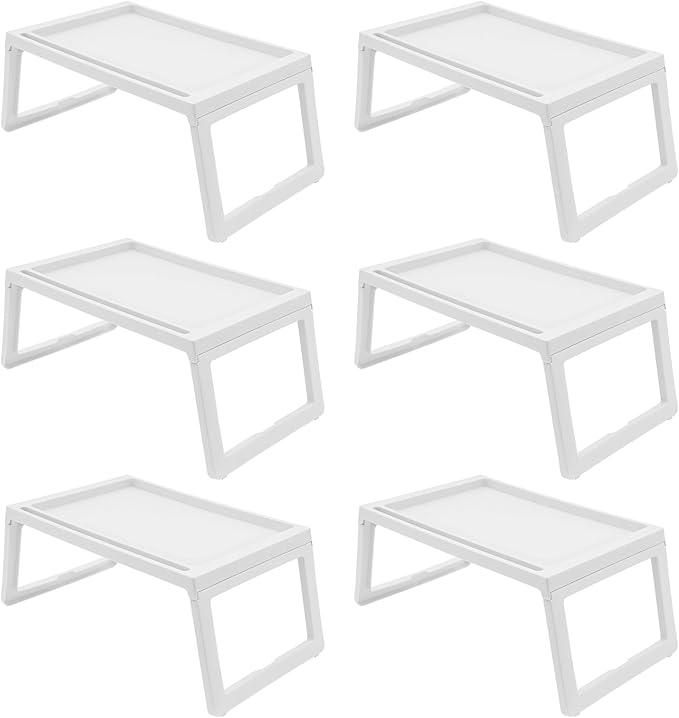 6PC Bed Tray Table with Folding Legs, Plastic Small Breakfast in Bed Tray Laptop Table Foldable Lap Desks for Eating on Sofa Laptops Sleepover Slumber Party Kids Adult (White)