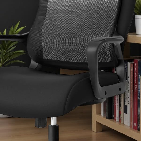 Ergonomic Mesh Office Chair – Black Adjustable Desk Chair with Upholstered Seat, Breathable Back, Fixed Armrests & 5-Wheel Rolling Base for Home Office or Study
