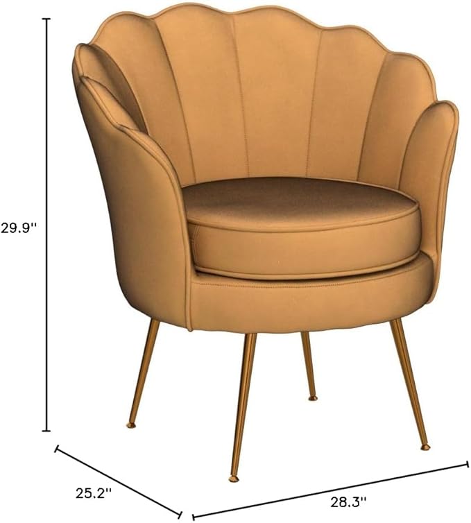 Container Furniture Direct Velvet Barrel Accent Chair with Scalloped Silhouette and Gold Metal Legs, Decorative Piece Suitable for Traditional, Modern, and Contemporary Spaces, Mustard Yellow