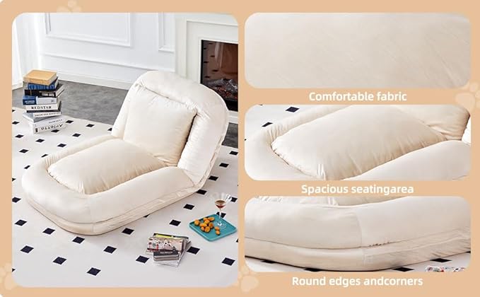 Chic Beige Folding Sofa Chair - 5 Adjustable Positions! Experience The Plush Comfort of This Floor Lounge Chair for Gaming, Meditation, and Relaxation! Get Yours Today!