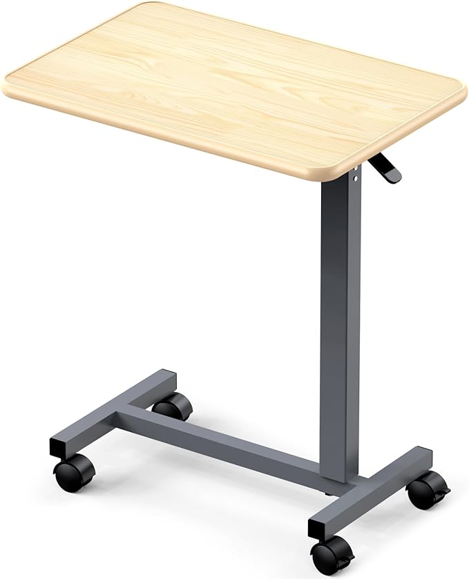 WOTURE Adjustable Overbed Table with Wheels, Bedside Rolling Table, Pneumatic Height Adjustment, Hospital Bed Table on Wheels, Standing Desk, Bedridden & Mobility Needs, Maple