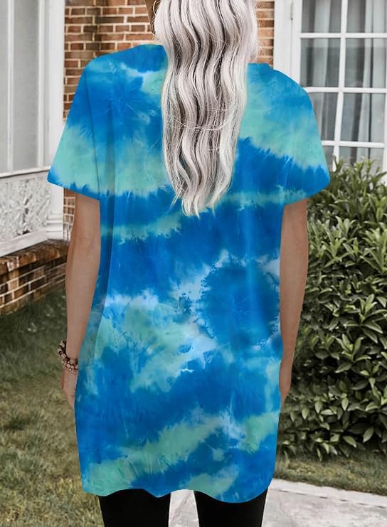 Poetsky Summer Womens Tunic Tops for Leggings with Pockets Short Sleeve Casual Long T Shirts S-3XL