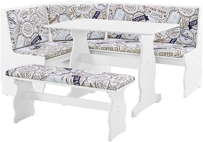 Riverbay Furniture Transitional Wood & Fabric Upholstered Corner Nook Dining Set with Table & Bench & Corner Unit, Some Assembly Required, Seats Up to 5 People, in White Finish