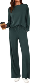 PRETTYGARDEN Womens 2 Pieces Lounge Sets Crewneck Long Sleeve Wide Leg Drawstring Pants Tracksuits Loose Fit Outfits Set