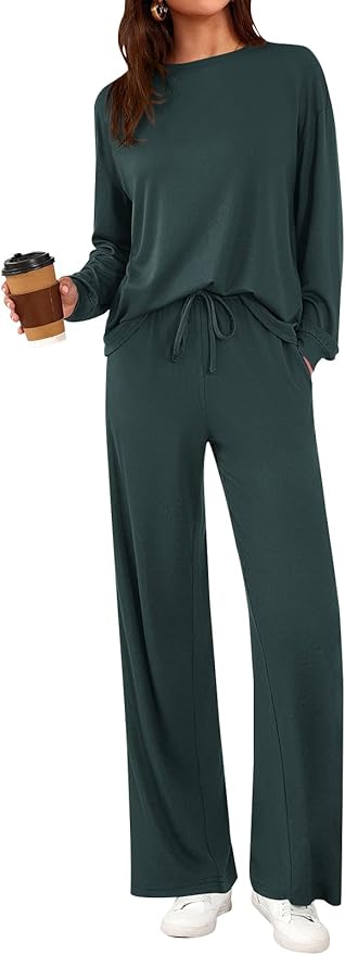 PRETTYGARDEN Womens 2 Pieces Lounge Sets Crewneck Long Sleeve Wide Leg Drawstring Pants Tracksuits Loose Fit Outfits Set