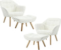 QUINJAY Modern Sherpa Accent Chair with Ottoman Set of 2, Fluffy Upholstered Lounge Chair with Footrest, Comfy Living Room Side Boucle Armchair for Small Space Bedroom, White
