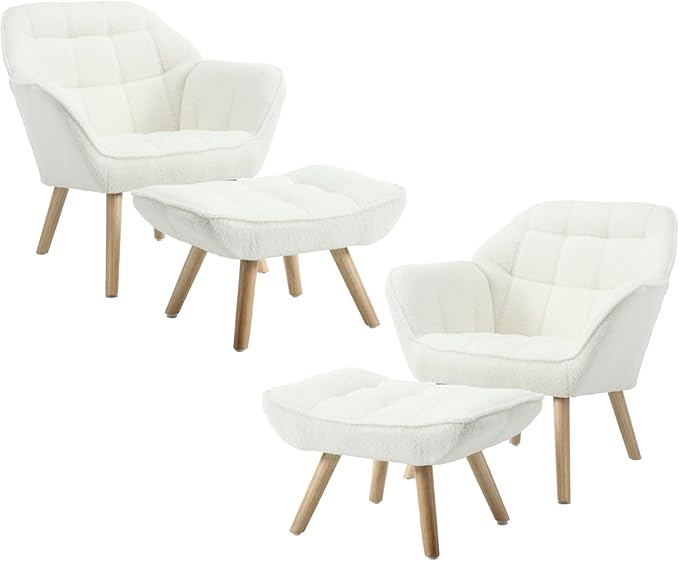 QUINJAY Modern Sherpa Accent Chair with Ottoman Set of 2, Fluffy Upholstered Lounge Chair with Footrest, Comfy Living Room Side Boucle Armchair for Small Space Bedroom, White