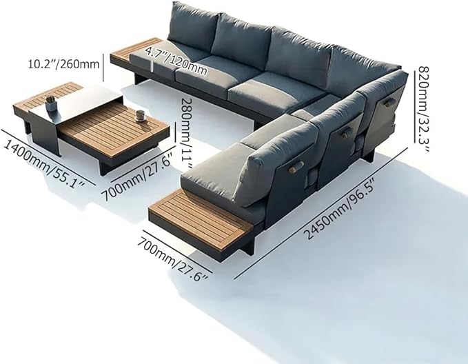 homary Outdoor Conversation Sets, 6 Piece Aluminum & Teak Patio Sectional Sofa Set with Adjustable Backrests, Waterproof Cushions, Ideal for Patios & Balconies | Waterproof Cushions, Adjustable Backrests, Fade Resistant, Modular design, Outdoor Materials