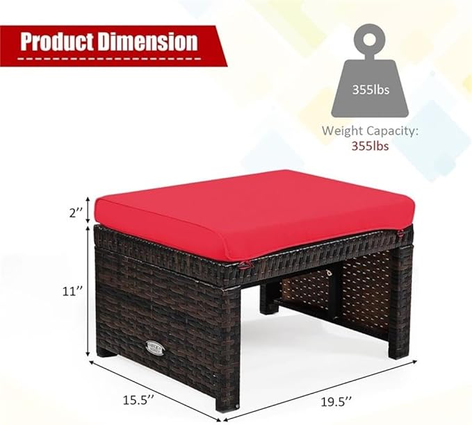 Pemberly Row Patio Rattan Ottomans/Footrests in Red Cushioned Seat (Set of 2)