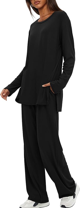 Darong Women's 2 Piece Lounge Set Casual Long Sleeve Crew Neck Tops Wide Leg Pants Travel Airport Outfit Matching Sets
