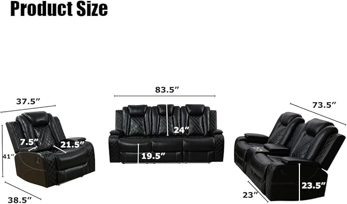 Toseslo Living Room Furniture Sets with LED Light, Power Recliner Sofa Set,Leather Sectional Sofa and Loveseat Set, Modern Power Reclining Sets with Storage Console for House(Black)