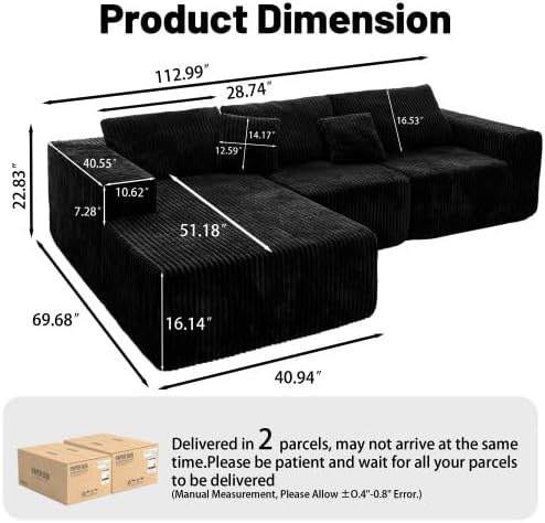 112.99" Boneless Cloud Couch, L Shaped Sectional Sofa with Chaise, No Assembly Required, Sink-in Corduroy Fabric & Memory Foam, Plush Modular Sofa for Apartment, Lounge, Dorm (Black)