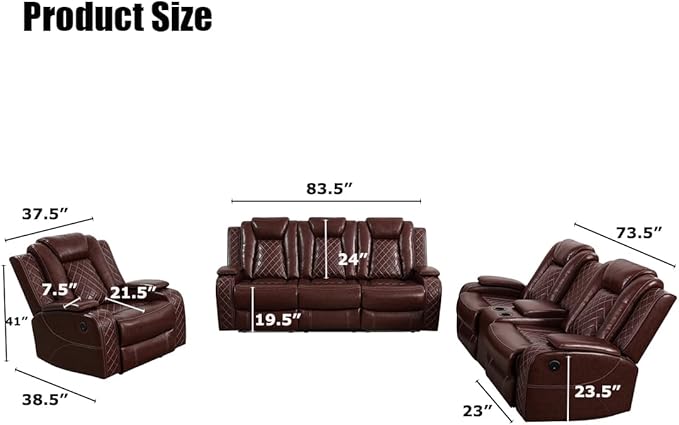Toseslo Power Recliner Sofa Set with LED Light,Living Room Furniture Sets,Brown Leather Sofa and 2 Chairs Set, Modern Power Reclining Sets with Cup Holder/Storage Console for House
