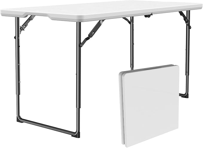 FurniEdge 4ft Folding Table with Adjustable Height, Heavy Duty Fold-in-Half Plastic Table with Steel Legs, Portable for Indoor, Outdoor, Picnic, Camping, Dining, Party, White
