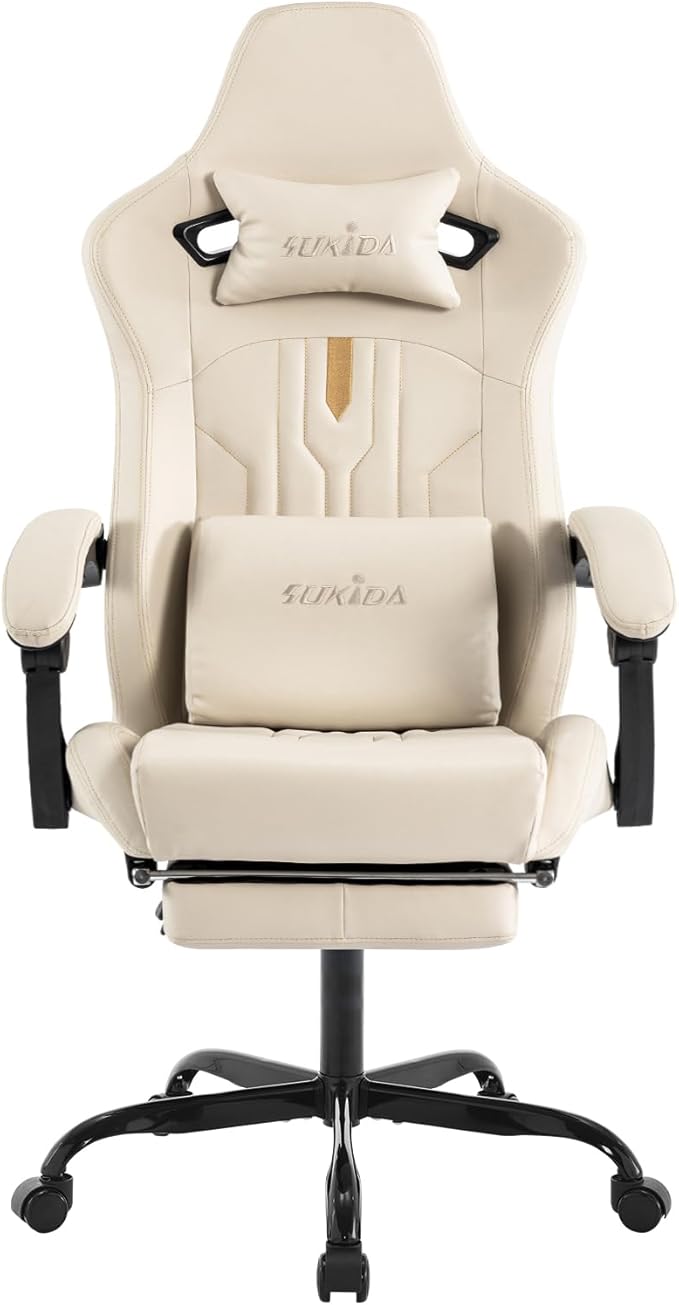 Gaming Chair with Footrest Ergonomic Computer Chair Massage Lumbar Cushion, Racing Video Game Chair Adjustable Rocker Recliner Executive Office Desk Chair Pu Leather for Adults